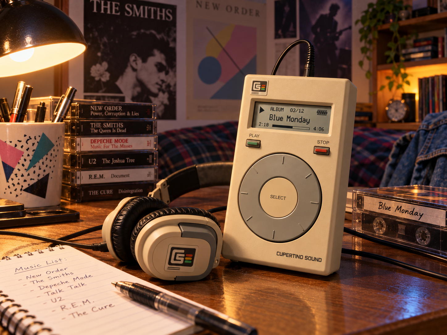 Cupertino Sound CS-84 concept on an eighties-inspired desk with music tapes, headphones and records