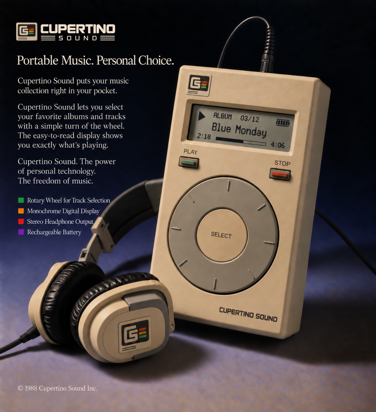 Cupertino Sound CS-84 concept advertisement showing a beige retro portable music player with monochrome display, wheel control and matching headphones